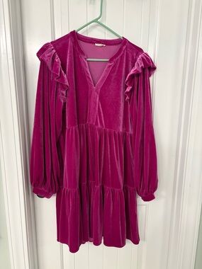 JODIFL Magenta Velvet Ruffle Tiered Dress